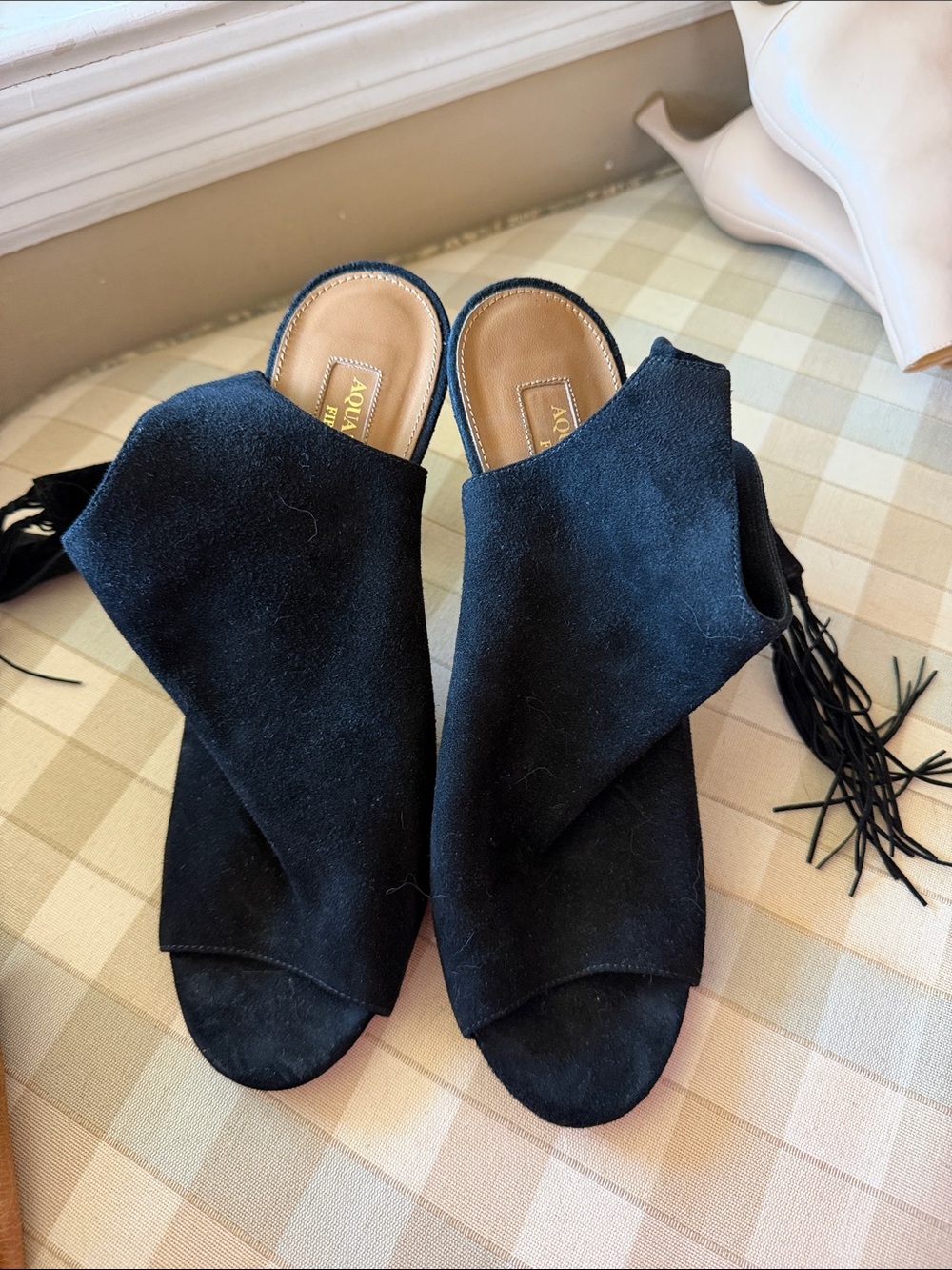 Aquazzura Black Suede Heels with Gold Pineapple Accent
